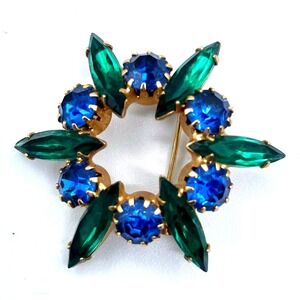 Sunburst Geometric MCM Brooch Blue Round Green Navatte Stone 1.5‎ inch Unmarked